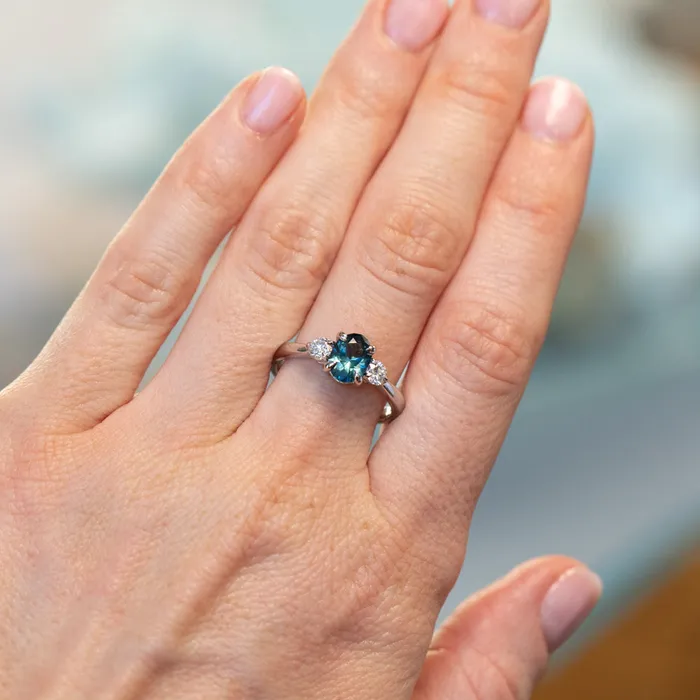 122ct Parti Nigerian Blue Sapphire and Lab Diamond Three Stone Ring in 14K White Gold Brume Rings
