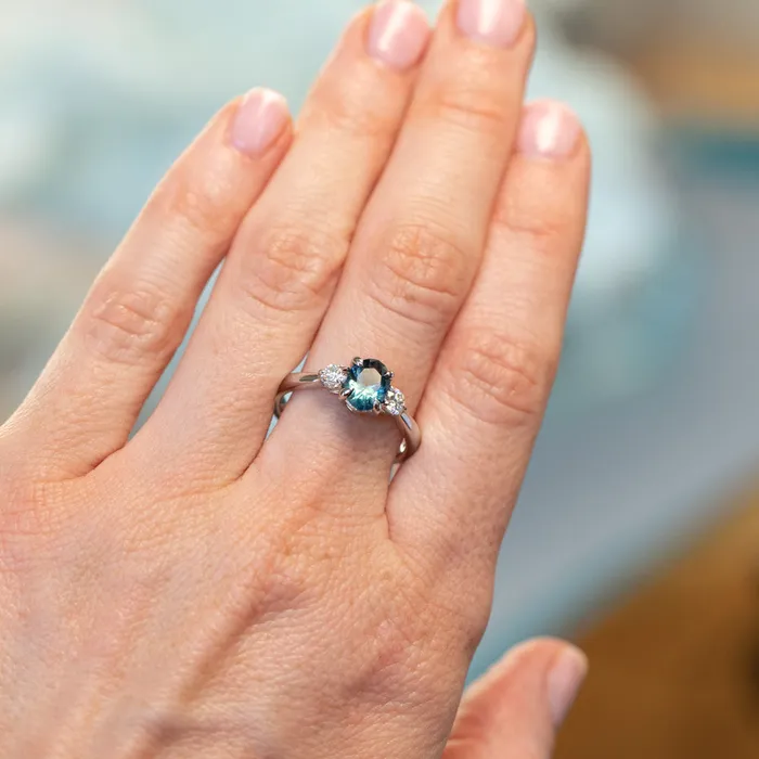 122ct Parti Nigerian Blue Sapphire and Lab Diamond Three Stone Ring in 14K White Gold Brume Rings
