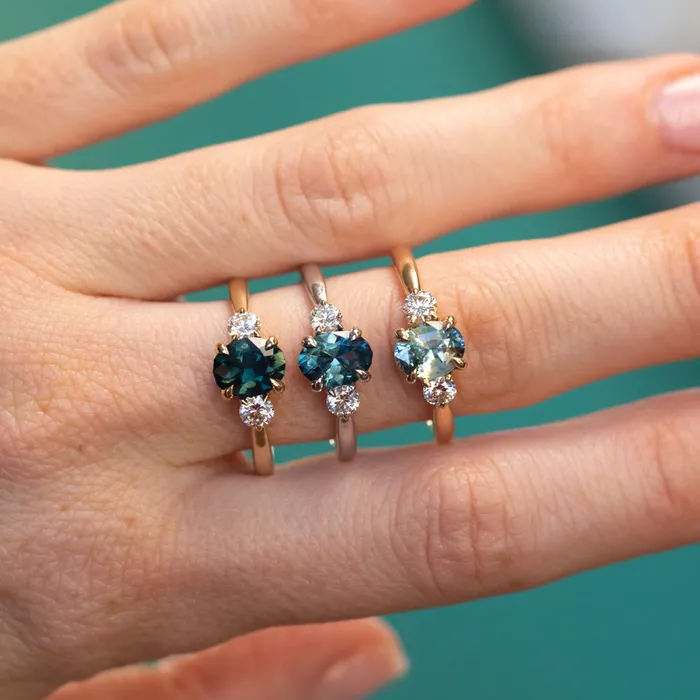 122ct Parti Nigerian Blue Sapphire and Lab Diamond Three Stone Ring in 14K White Gold Brume Rings