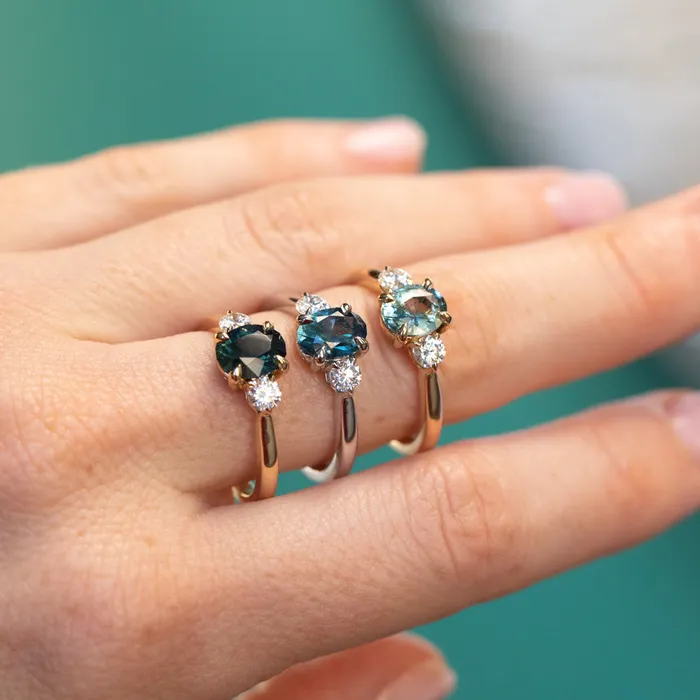 122ct Parti Nigerian Blue Sapphire and Lab Diamond Three Stone Ring in 14K White Gold Brume Rings