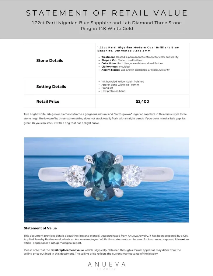 122ct Parti Nigerian Blue Sapphire and Lab Diamond Three Stone Ring in 14K White Gold Brume Rings