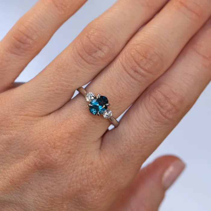 122ct Parti Nigerian Blue Sapphire and Lab Diamond Three Stone Ring in 14K White Gold Brume Rings
