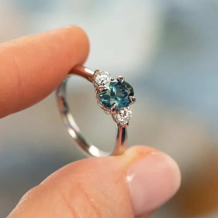 122ct Parti Nigerian Blue Sapphire and Lab Diamond Three Stone Ring in 14K White Gold Brume Rings