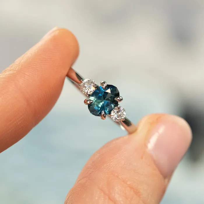 122ct Parti Nigerian Blue Sapphire and Lab Diamond Three Stone Ring in 14K White Gold Brume Rings