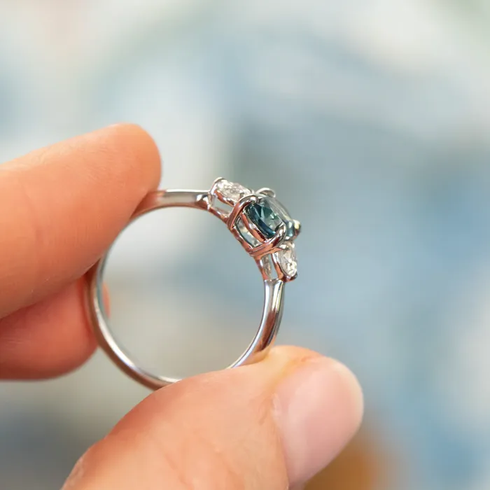 122ct Parti Nigerian Blue Sapphire and Lab Diamond Three Stone Ring in 14K White Gold Brume Rings