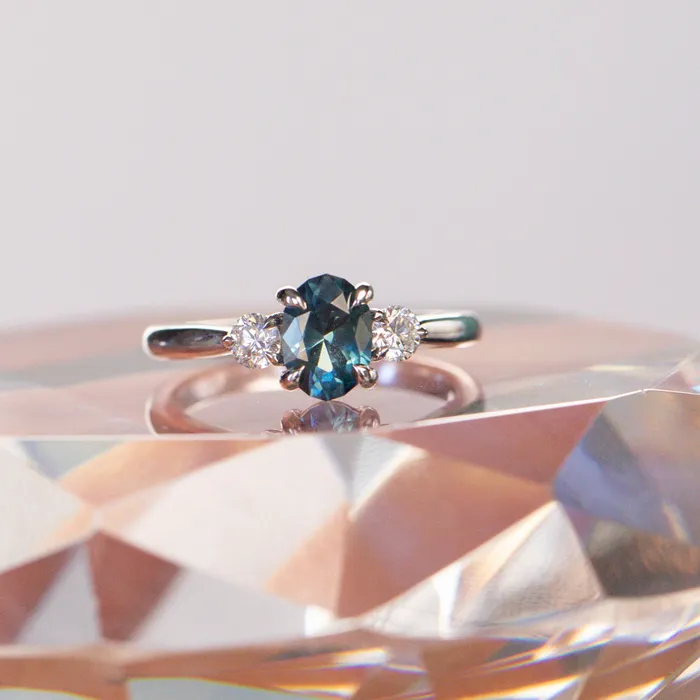 122ct Parti Nigerian Blue Sapphire and Lab Diamond Three Stone Ring in 14K White Gold Brume Rings