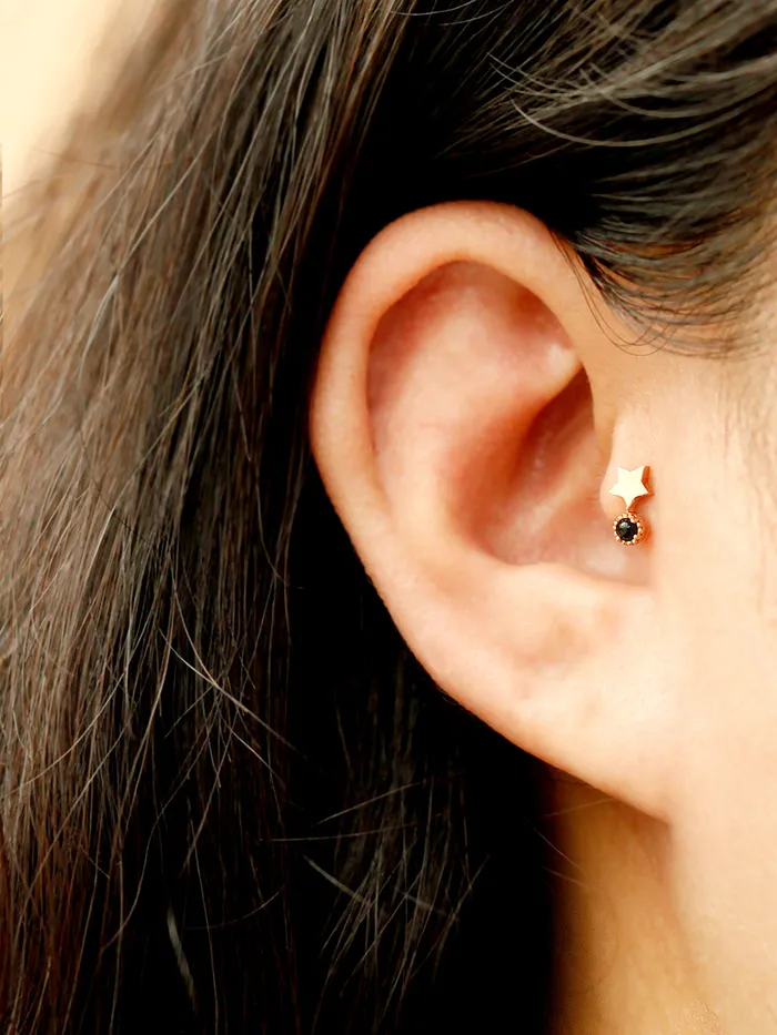 14K Gold Bling Black Onyx Star Cartilage Earring 18g MinimalBijoux Earrings
