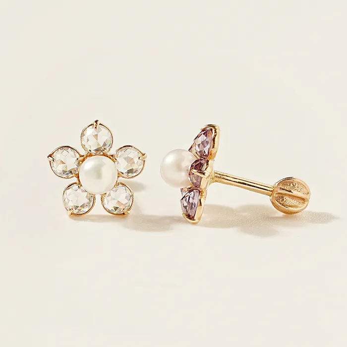 14K Gold Fresh Water Pearl Wind Flower Cartilage Earring 18G16G MinimalBijoux Earrings