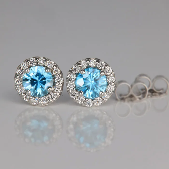 14K White Gold Blue Zircon and Diamond Halo Stud Earrings 155cts Moriartys Gem Art Earrings 14K White Gold Blue Zircon and Diamond Halo Stud Earrings 155cts Moriartys Gem Art Earrings