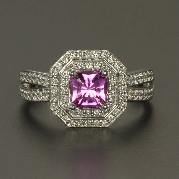 14k White Gold Pink Sapphire and Diamond Halo Ring 77 Carats Moriartys Gem Art Rings 14k White Gold Pink Sapphire and Diamond Halo Ring 77 Carats Moriartys Gem Art Rings