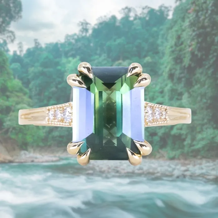 408ct Emerald Cut Green Sapphire and Diamond Vintage Cathedral Double Prong Ring in 18k Yellow Gold Anueva Jewelry Rings 408ct Emerald Cut Green Sapphire and Diamond Vintage Cathedral Double Prong Ring in 18k Yellow Gold Anueva Jewelry Rings