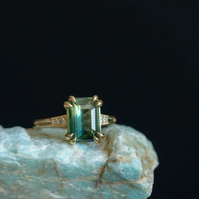 408ct Emerald Cut Green Sapphire and Diamond Vintage Cathedral Double Prong Ring in 18k Yellow Gold Anueva Jewelry Rings