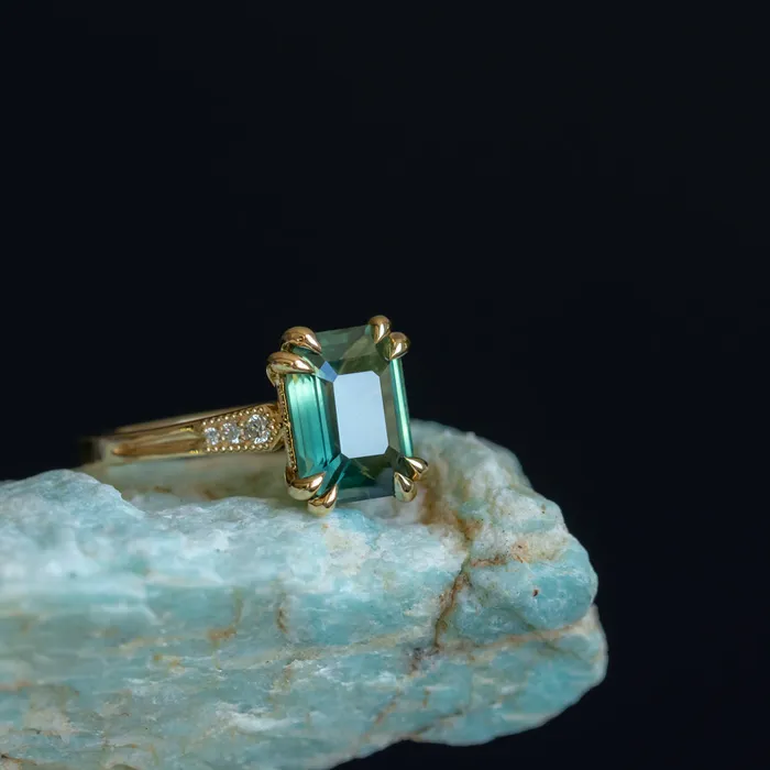 408ct Emerald Cut Green Sapphire and Diamond Vintage Cathedral Double Prong Ring in 18k Yellow Gold Anueva Jewelry Rings