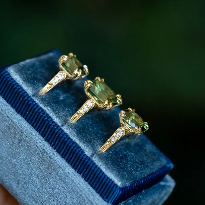 408ct Emerald Cut Green Sapphire and Diamond Vintage Cathedral Double Prong Ring in 18k Yellow Gold Anueva Jewelry Rings