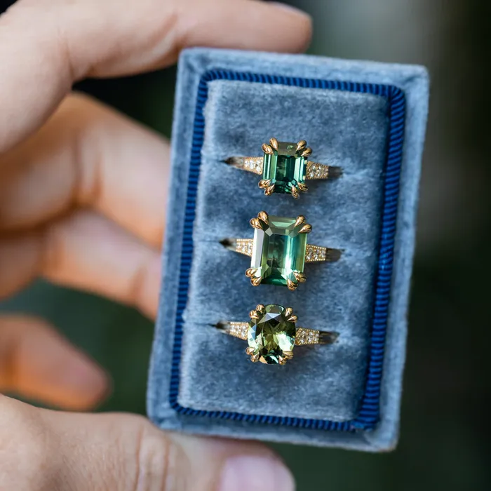 408ct Emerald Cut Green Sapphire and Diamond Vintage Cathedral Double Prong Ring in 18k Yellow Gold Anueva Jewelry Rings