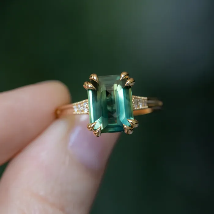 408ct Emerald Cut Green Sapphire and Diamond Vintage Cathedral Double Prong Ring in 18k Yellow Gold Anueva Jewelry Rings