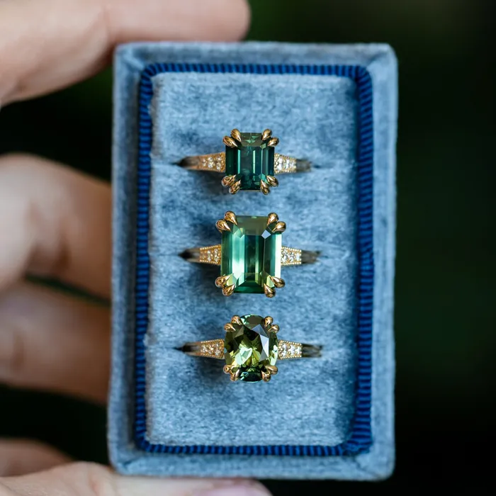 408ct Emerald Cut Green Sapphire and Diamond Vintage Cathedral Double Prong Ring in 18k Yellow Gold Anueva Jewelry Rings