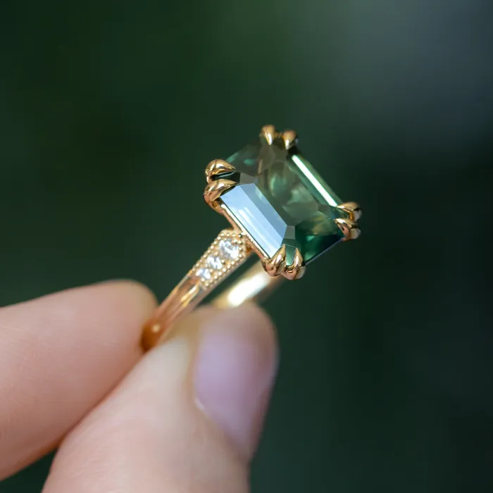 408ct Emerald Cut Green Sapphire and Diamond Vintage Cathedral Double Prong Ring in 18k Yellow Gold Anueva Jewelry Rings