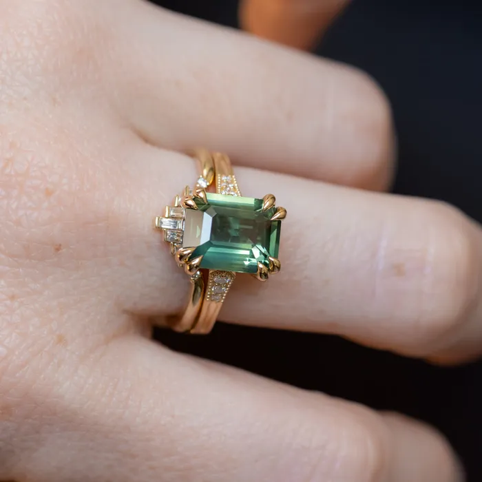 408ct Emerald Cut Green Sapphire and Diamond Vintage Cathedral Double Prong Ring in 18k Yellow Gold Anueva Jewelry Rings