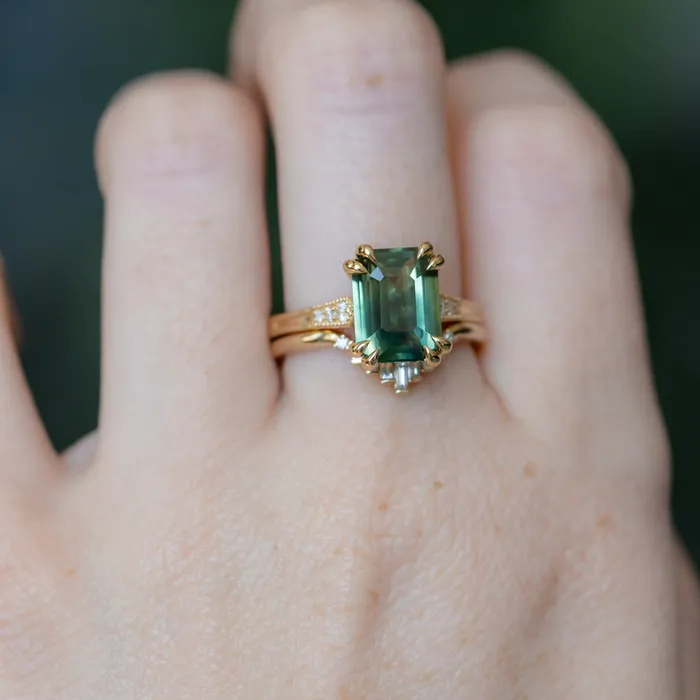 408ct Emerald Cut Green Sapphire and Diamond Vintage Cathedral Double Prong Ring in 18k Yellow Gold Anueva Jewelry Rings