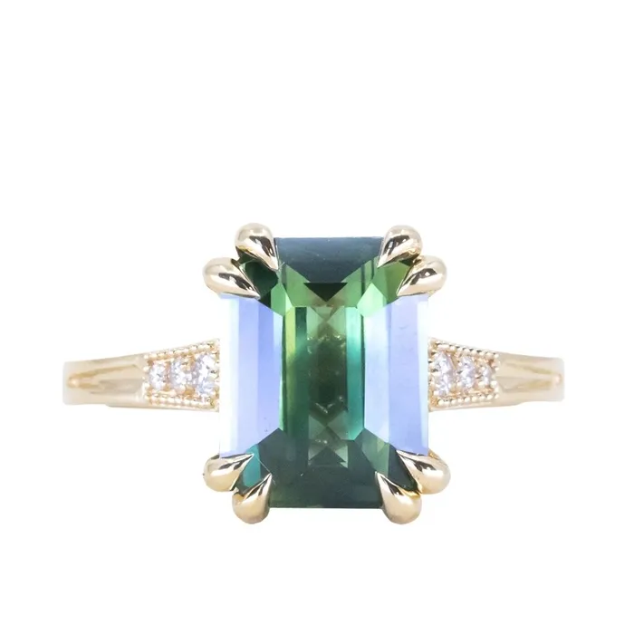 408ct Emerald Cut Green Sapphire and Diamond Vintage Cathedral Double Prong Ring in 18k Yellow Gold Anueva Jewelry Rings