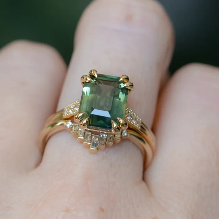 408ct Emerald Cut Green Sapphire and Diamond Vintage Cathedral Double Prong Ring in 18k Yellow Gold Anueva Jewelry Rings