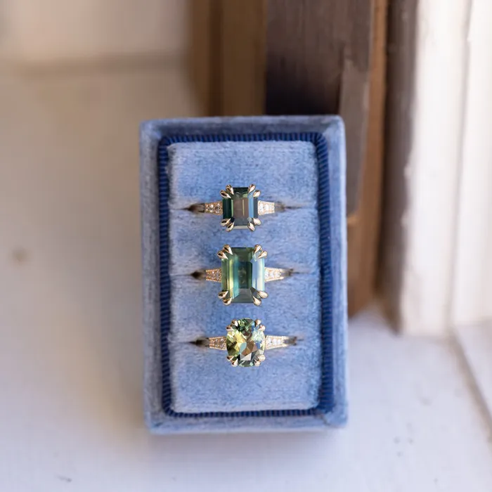 408ct Emerald Cut Green Sapphire and Diamond Vintage Cathedral Double Prong Ring in 18k Yellow Gold Anueva Jewelry Rings