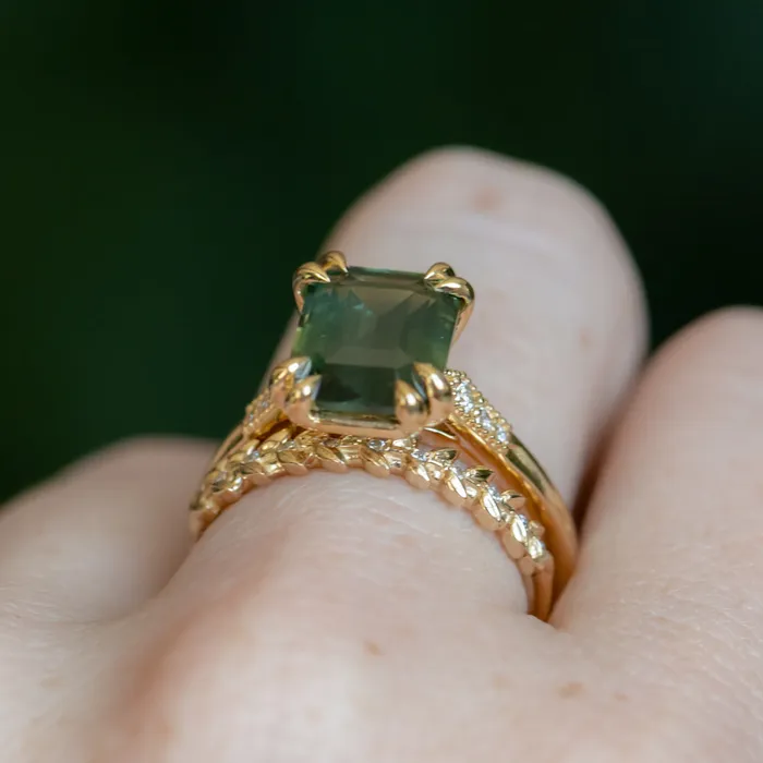 408ct Emerald Cut Green Sapphire and Diamond Vintage Cathedral Double Prong Ring in 18k Yellow Gold Anueva Jewelry Rings