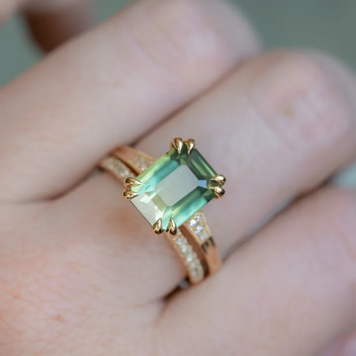 408ct Emerald Cut Green Sapphire and Diamond Vintage Cathedral Double Prong Ring in 18k Yellow Gold Anueva Jewelry Rings