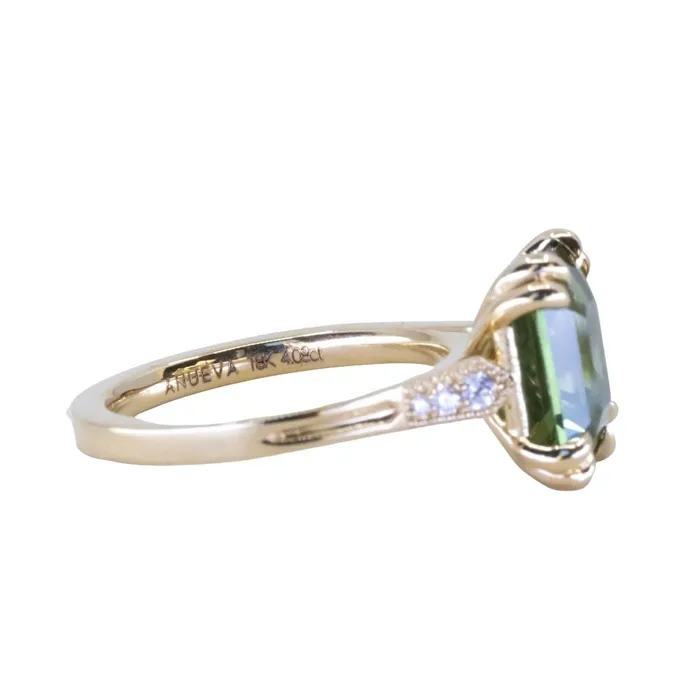 408ct Emerald Cut Green Sapphire and Diamond Vintage Cathedral Double Prong Ring in 18k Yellow Gold Anueva Jewelry Rings
