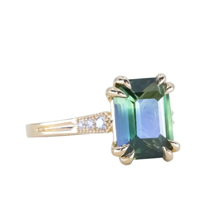 408ct Emerald Cut Green Sapphire and Diamond Vintage Cathedral Double Prong Ring in 18k Yellow Gold Anueva Jewelry Rings