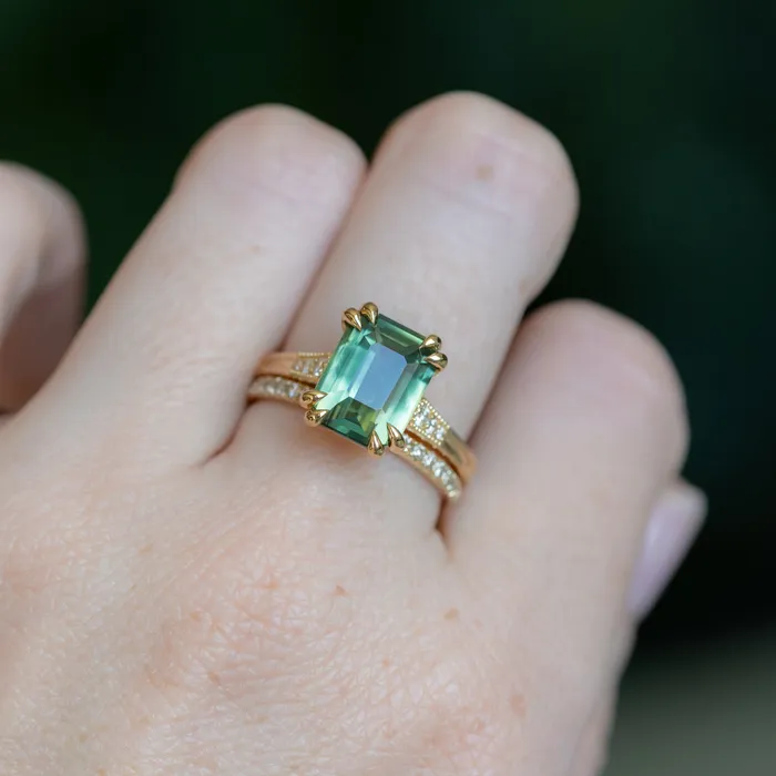 408ct Emerald Cut Green Sapphire and Diamond Vintage Cathedral Double Prong Ring in 18k Yellow Gold Anueva Jewelry Rings
