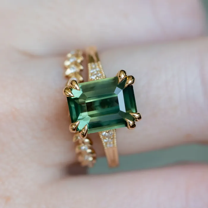 408ct Emerald Cut Green Sapphire and Diamond Vintage Cathedral Double Prong Ring in 18k Yellow Gold Anueva Jewelry Rings