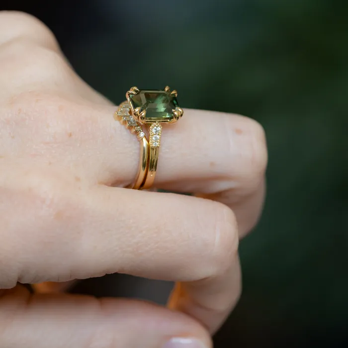 408ct Emerald Cut Green Sapphire and Diamond Vintage Cathedral Double Prong Ring in 18k Yellow Gold Anueva Jewelry Rings