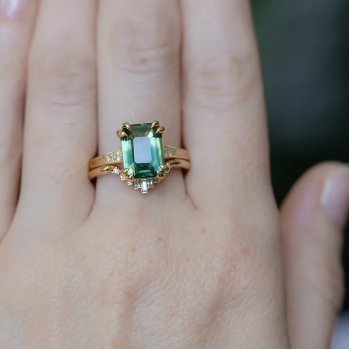408ct Emerald Cut Green Sapphire and Diamond Vintage Cathedral Double Prong Ring in 18k Yellow Gold Anueva Jewelry Rings
