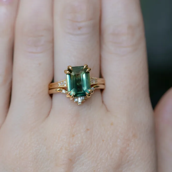 408ct Emerald Cut Green Sapphire and Diamond Vintage Cathedral Double Prong Ring in 18k Yellow Gold Anueva Jewelry Rings