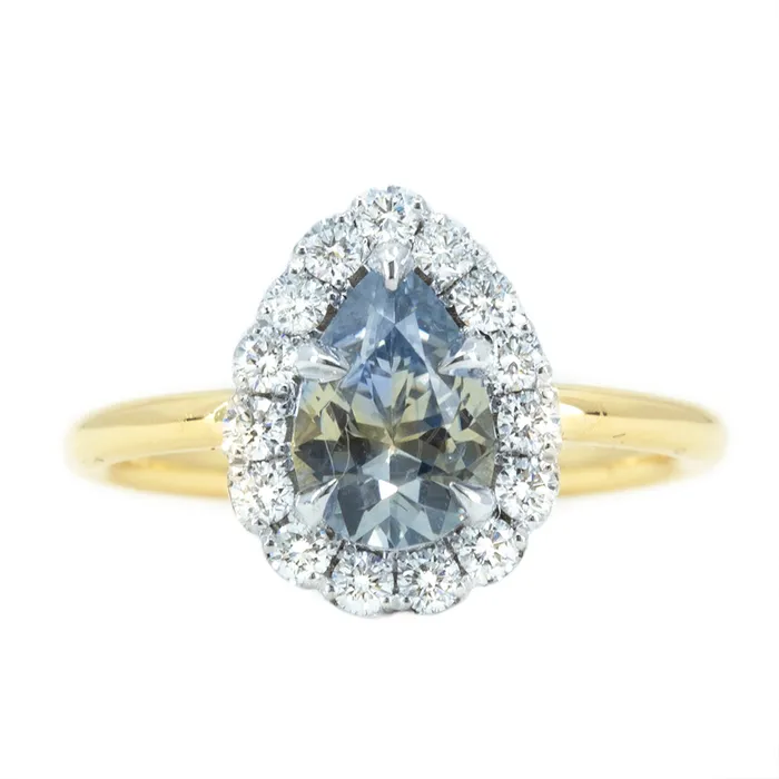 Anueva Jewelry 139ct Pear Parti Montana Sapphire and Scalloped Diamond Halo Ring In Two Tone Gold Rings Anueva Jewelry 139ct Pear Parti Montana Sapphire and Scalloped Diamond Halo Ring In Two Tone Gold Rings