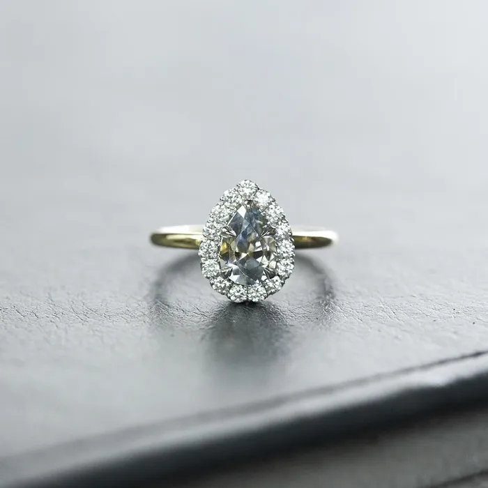 Anueva Jewelry 139ct Pear Parti Montana Sapphire and Scalloped Diamond Halo Ring In Two Tone Gold Rings