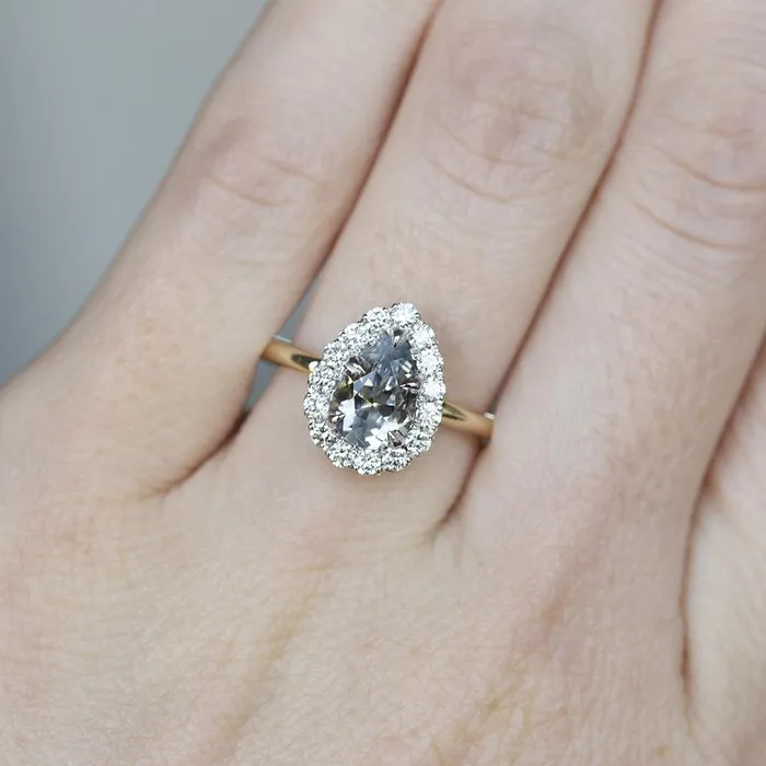 Anueva Jewelry 139ct Pear Parti Montana Sapphire and Scalloped Diamond Halo Ring In Two Tone Gold Rings