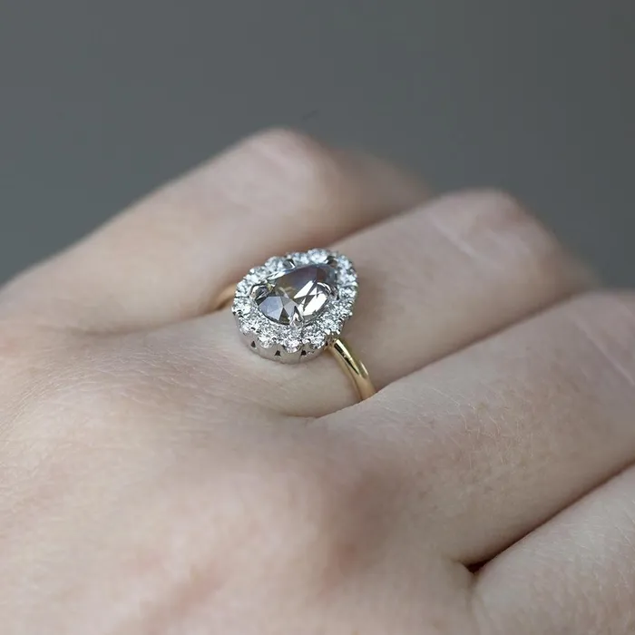 Anueva Jewelry 139ct Pear Parti Montana Sapphire and Scalloped Diamond Halo Ring In Two Tone Gold Rings