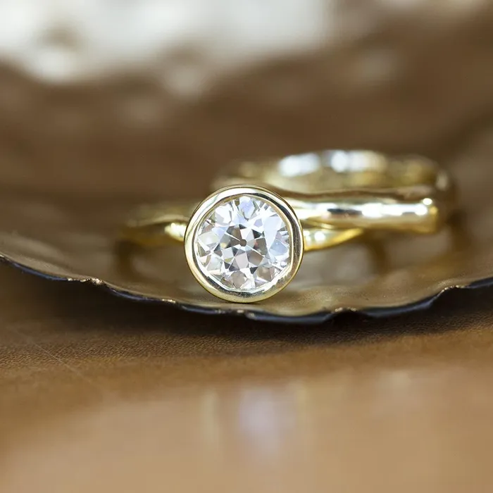Anueva Jewelry 147ct Old European Cut Antique Diamond Bezel Set Ring with Organic Alluvial Band In 18k Yellow Gold Rings