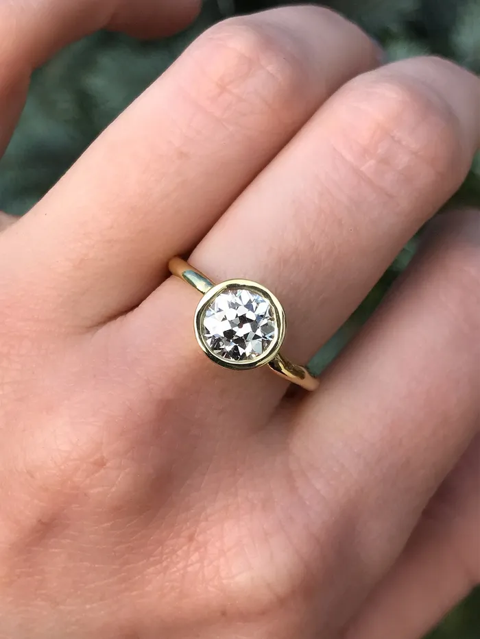 Anueva Jewelry 147ct Old European Cut Antique Diamond Bezel Set Ring with Organic Alluvial Band In 18k Yellow Gold Rings