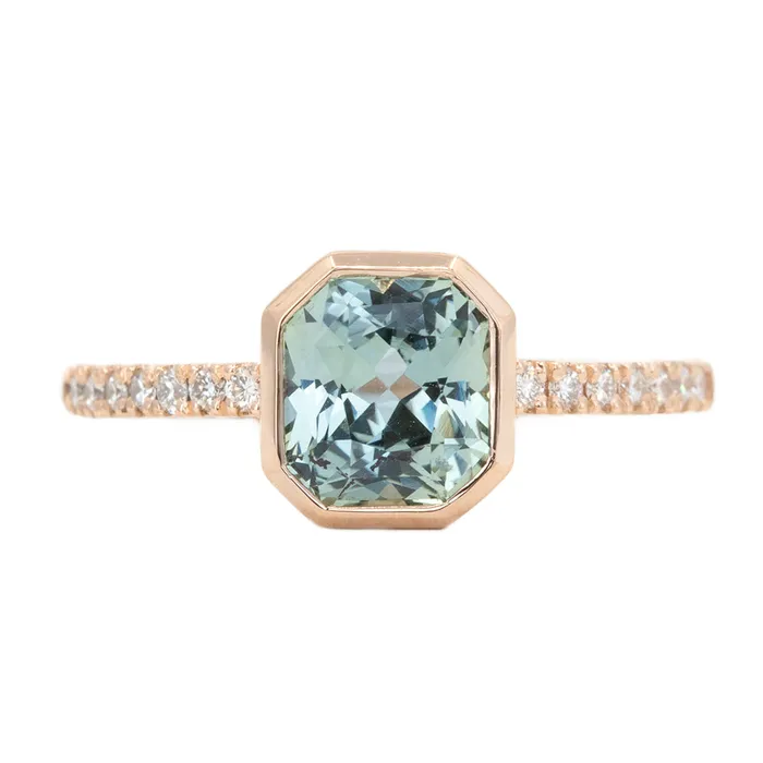 Anueva Jewelry 191ct Radiant Cut Sapphire Bezel with French Set Diamonds in 14k Rose Gold Earrings Anueva Jewelry 191ct Radiant Cut Sapphire Bezel with French Set Diamonds in 14k Rose Gold Earrings