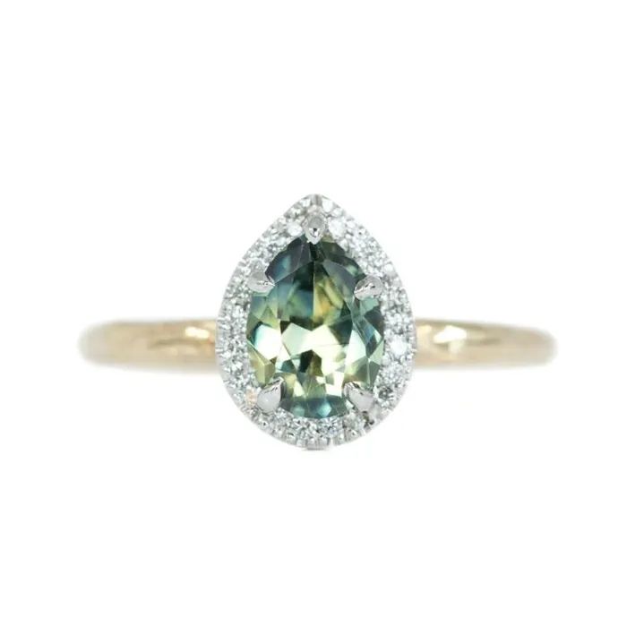 Anueva Jewelry Rings 131ct Parti Pear Green Sapphire in TwoTone Yellow and White Evergreen Prong Set Halo Ring Anueva Jewelry Rings 131ct Parti Pear Green Sapphire in TwoTone Yellow and White Evergreen Prong Set Halo Ring
