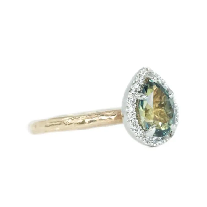 Anueva Jewelry Rings 131ct Parti Pear Green Sapphire in TwoTone Yellow and White Evergreen Prong Set Halo Ring