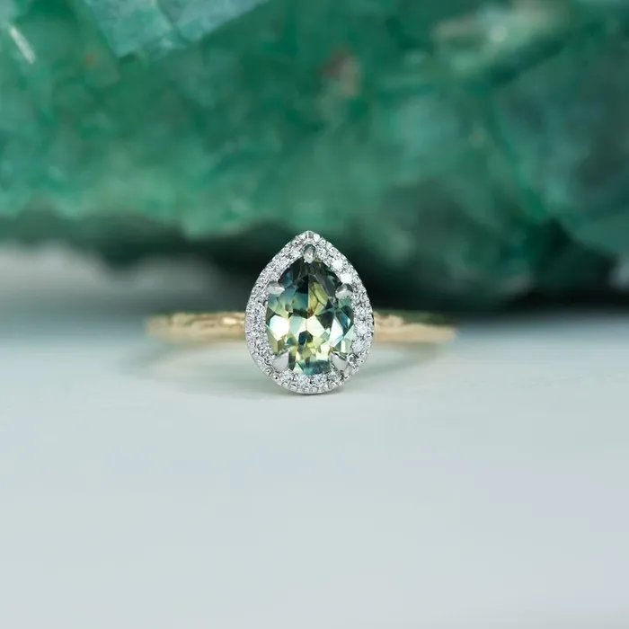 Anueva Jewelry Rings 131ct Parti Pear Green Sapphire in TwoTone Yellow and White Evergreen Prong Set Halo Ring