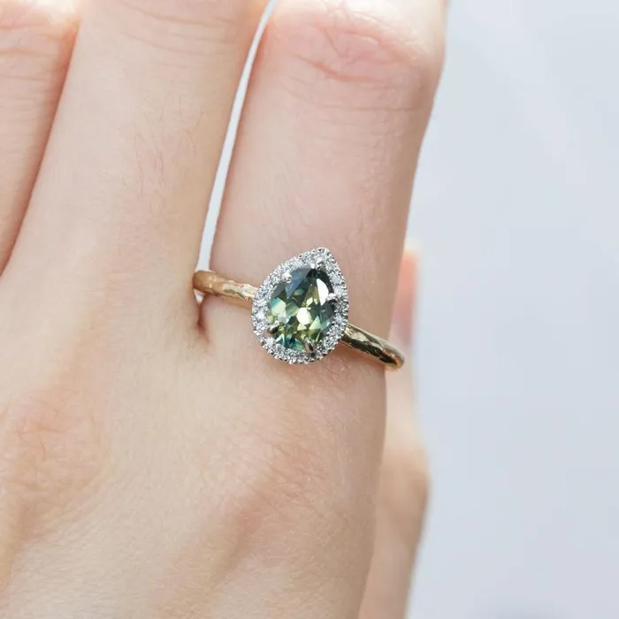 Anueva Jewelry Rings 131ct Parti Pear Green Sapphire in TwoTone Yellow and White Evergreen Prong Set Halo Ring