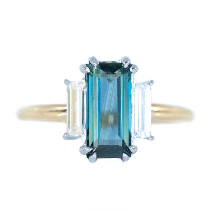 Anueva Jewelry Rings 191ct Art Deco Baguette Sapphire Low Profile Three Stone Ring with White Baguette Side Diamonds Anueva Jewelry Rings 191ct Art Deco Baguette Sapphire Low Profile Three Stone Ring with White Baguette Side Diamonds