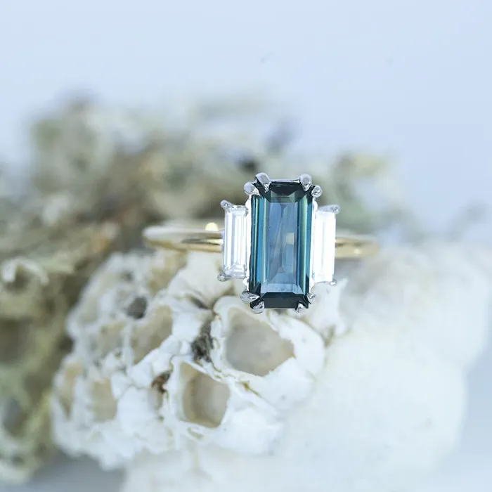 Anueva Jewelry Rings 191ct Art Deco Baguette Sapphire Low Profile Three Stone Ring with White Baguette Side Diamonds