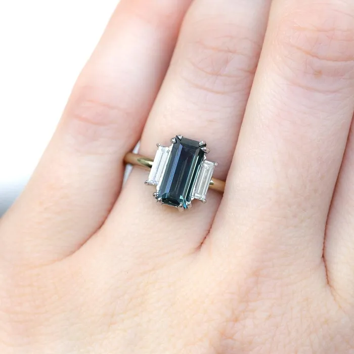 Anueva Jewelry Rings 191ct Art Deco Baguette Sapphire Low Profile Three Stone Ring with White Baguette Side Diamonds
